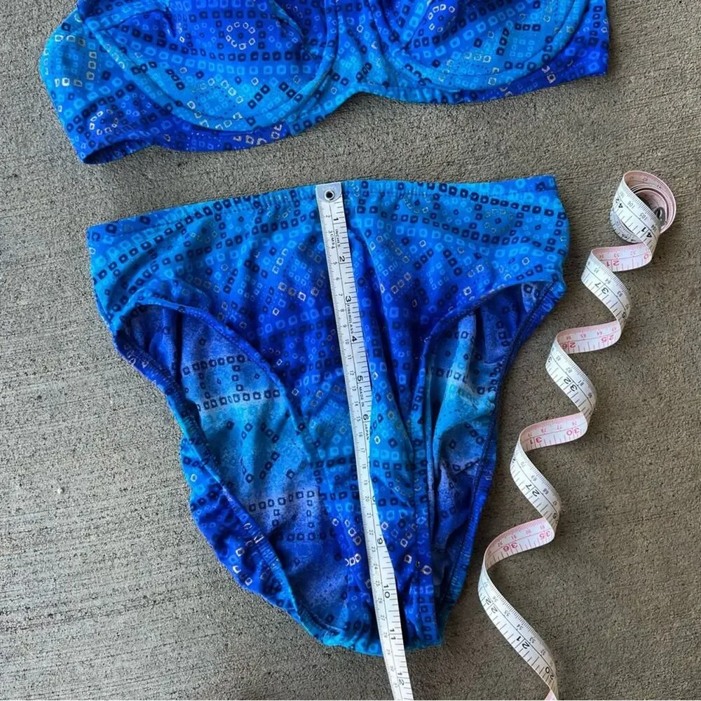 Vintage 90s Jantzen blue metallic diamond print high cut bikini swimsuit set